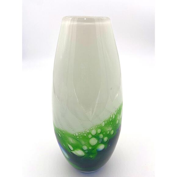 Vintage MCM Lava Lamp Style Vase Opal Green Cobalt Blue Bubbles Art Glass - Picture 4 of 6